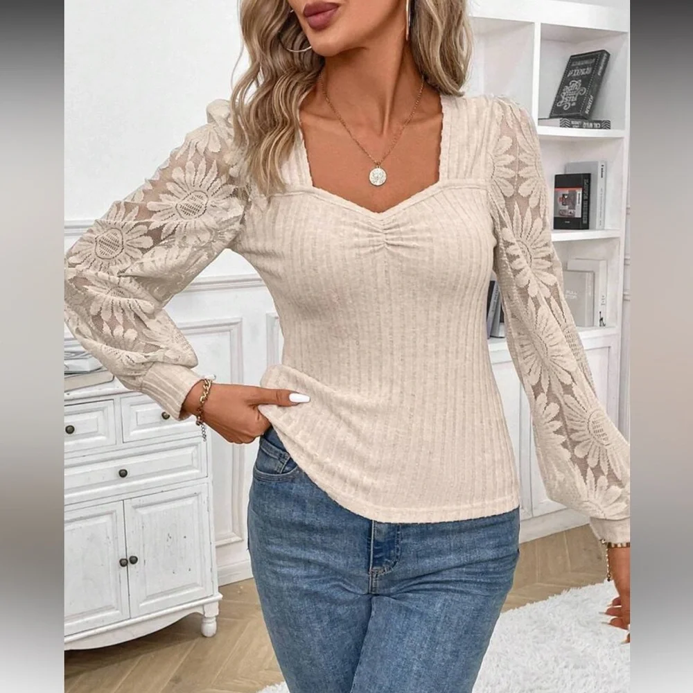 Dark Gray Floral Sleeve Ribbed Sweater
